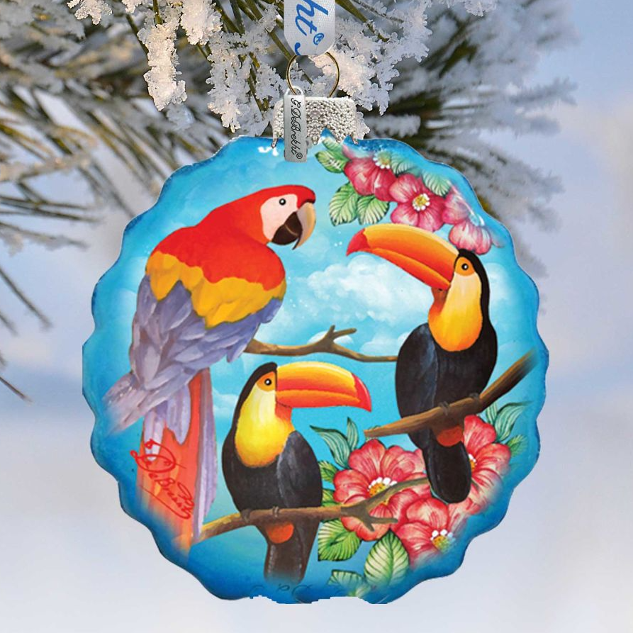 Tropical Birds Flower Glass Ornament