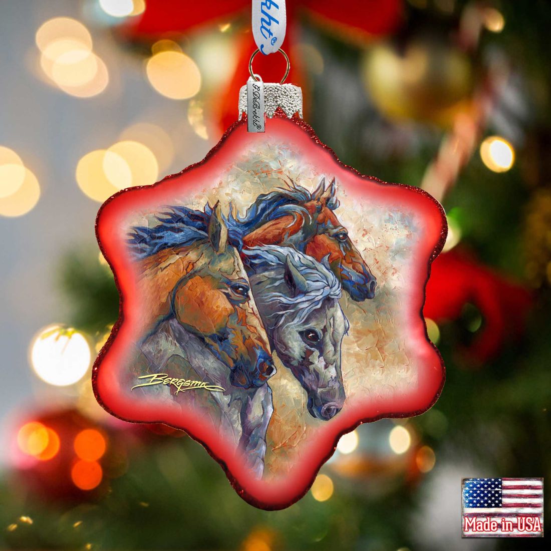 Let Them Run Horse Heads Glass Ornament by J. Bergsma - Wildlife Holiday Decor - 754-259-JB