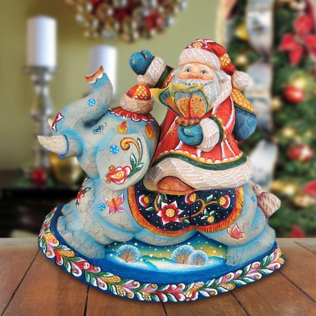 Santa on Elephant Surprise Box Handcrafted Christmas Figurine - G. DeBrekht - Christmas Santa Snowman Decor - 51138