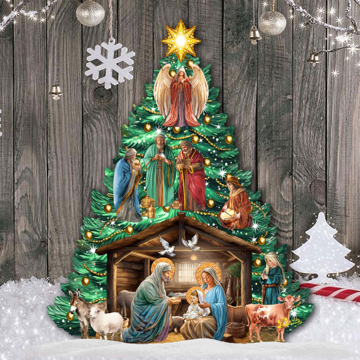 Nativity-Themed Christmas Tree Outdoor Indoor Decor Wooden Christmas Decoration