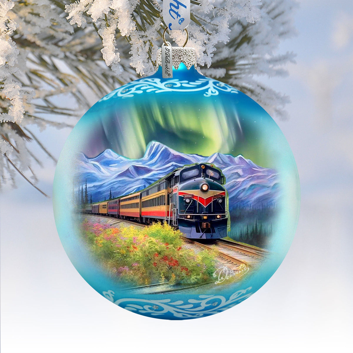 Northern Lights Railroad Glass Ornament