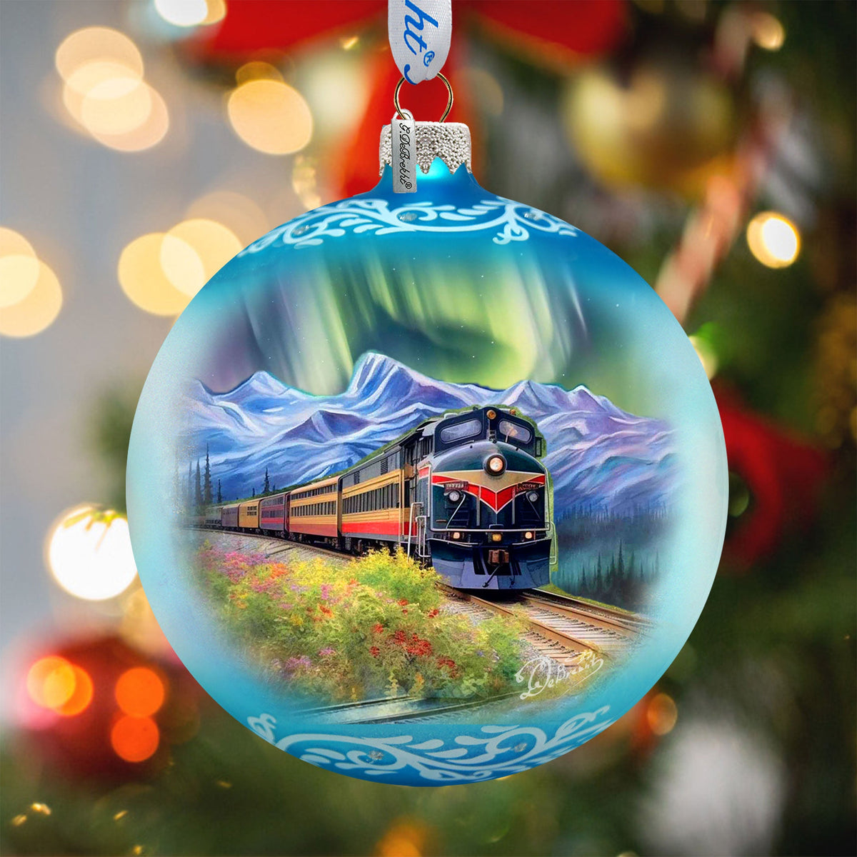Northern Lights Railroad Glass Ornament