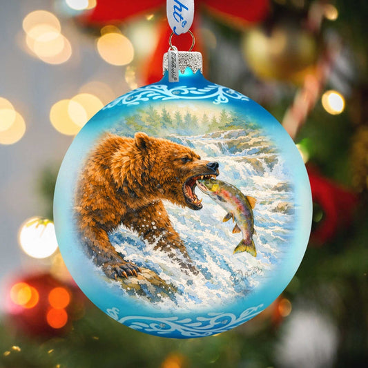 Grizzly Bear Fishing Glass Christmas Ornament