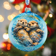 Sea Otters Glass Christmas Ornament