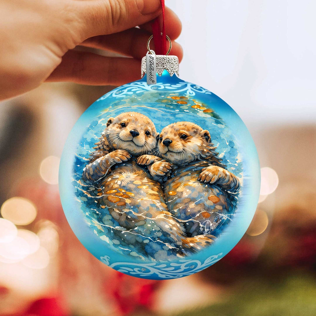 Sea Otters Glass Christmas Ornament
