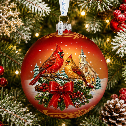 Christmas Cardinals Glass Ornament