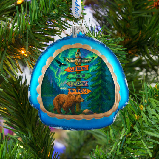 Alaska Bear & Totem Sign Glass Christmas Ornament