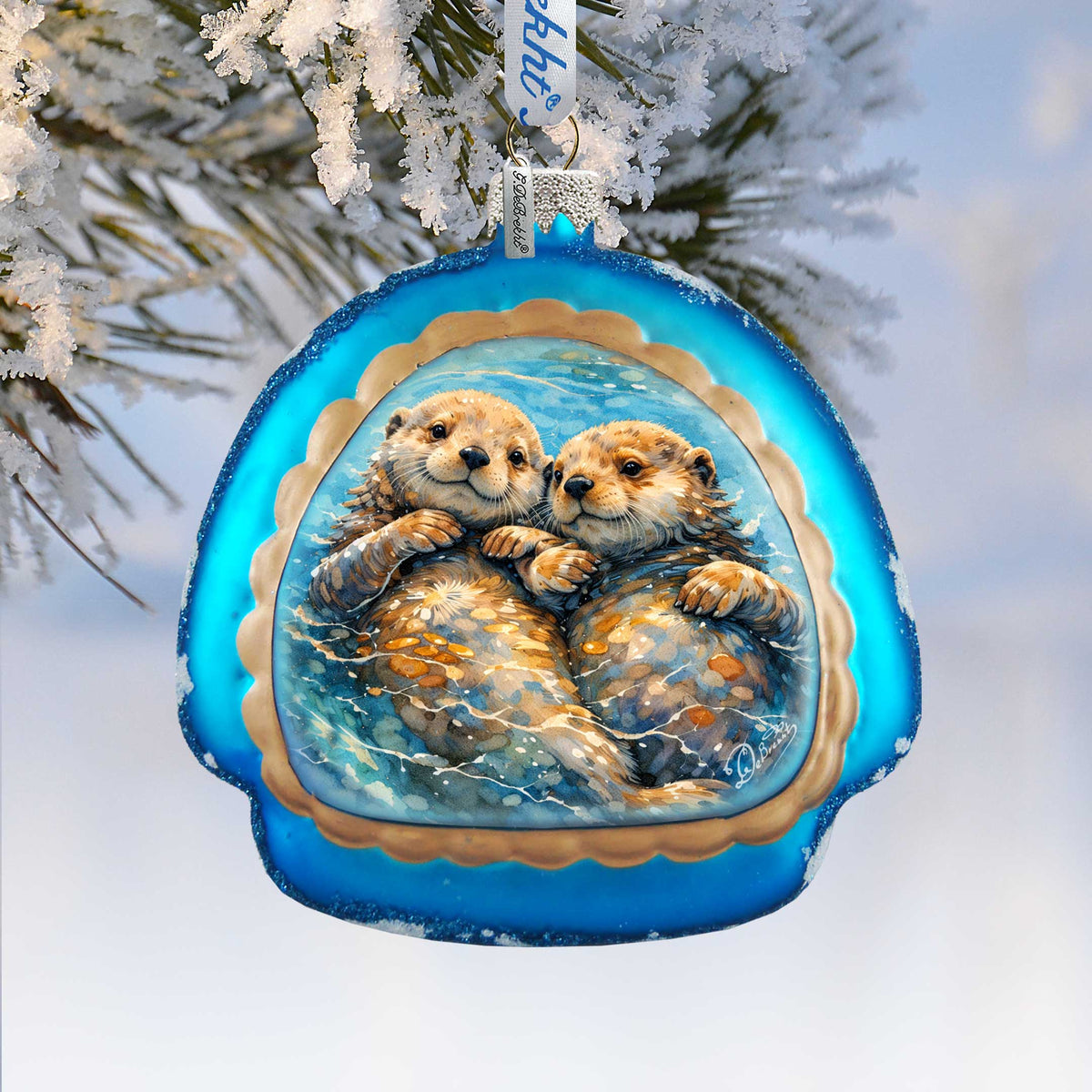 Sea Otters Holiday Splendor Glass Ornament