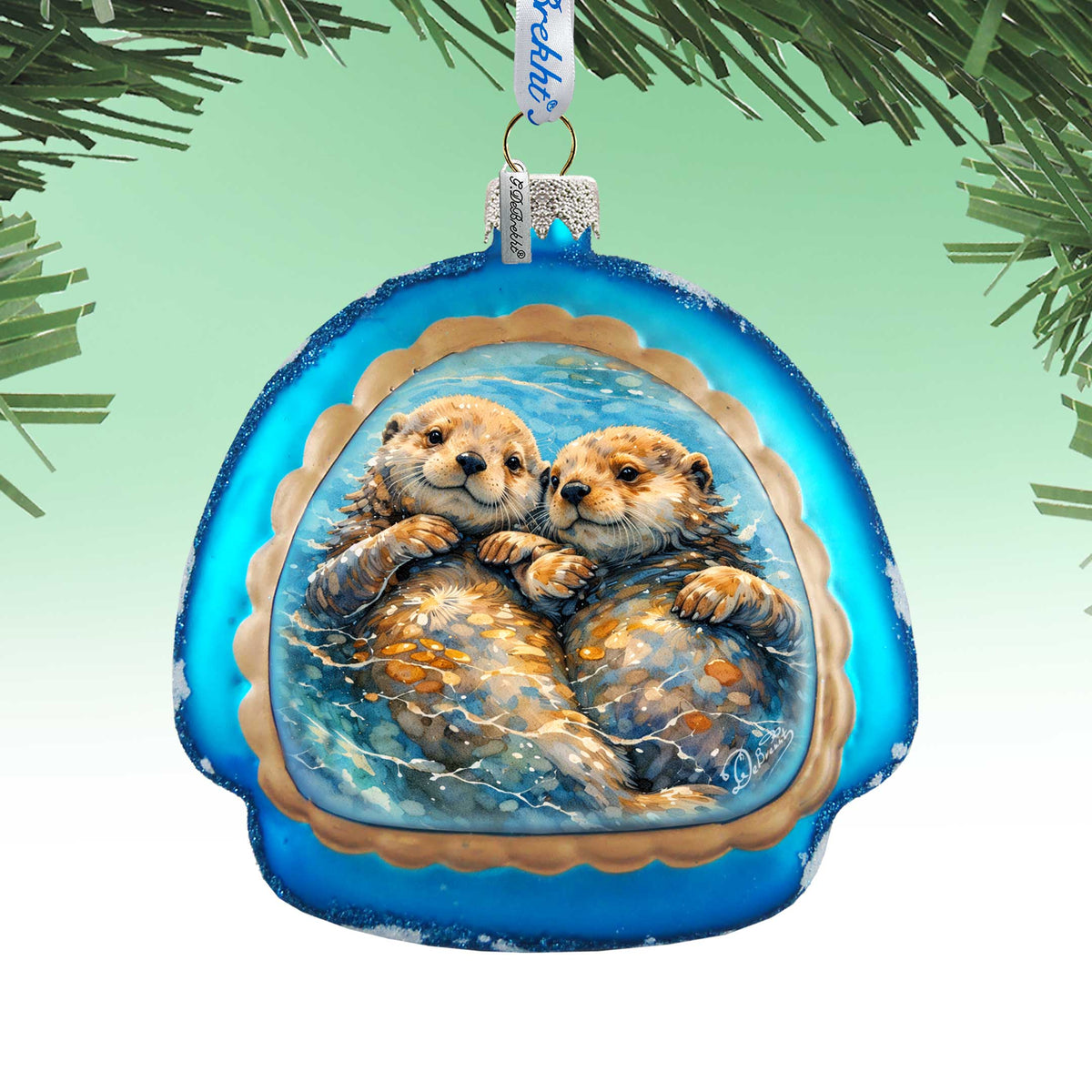 Sea Otters Holiday Splendor Glass Ornament