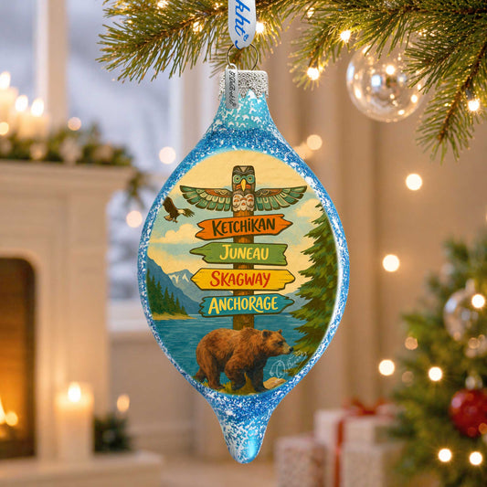 Alaska Bear Destination Signs Handblown Mercury Glass Christmas Ornament