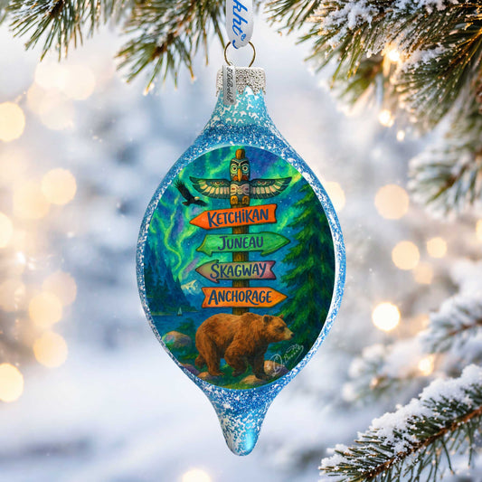 Alaska Northern Lights Bear Handblown Mercury Glass Christmas Ornament