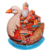 Charming Santa Riding Goose Limited Edition Wooden Figurine Centerpiece by G. Debrekht - Christmas Decor - 89314