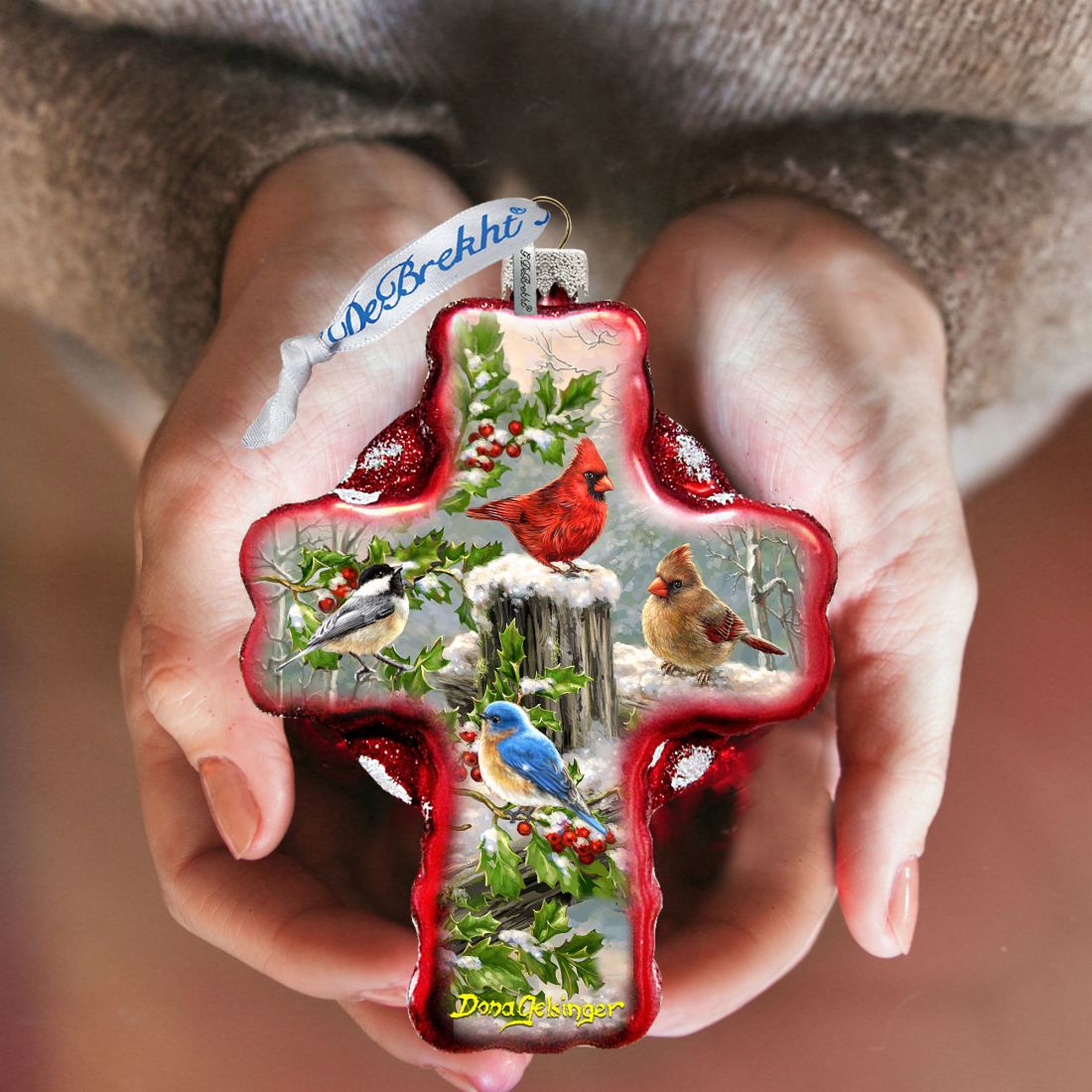 Winter Cardinals Cross Glass Ornament