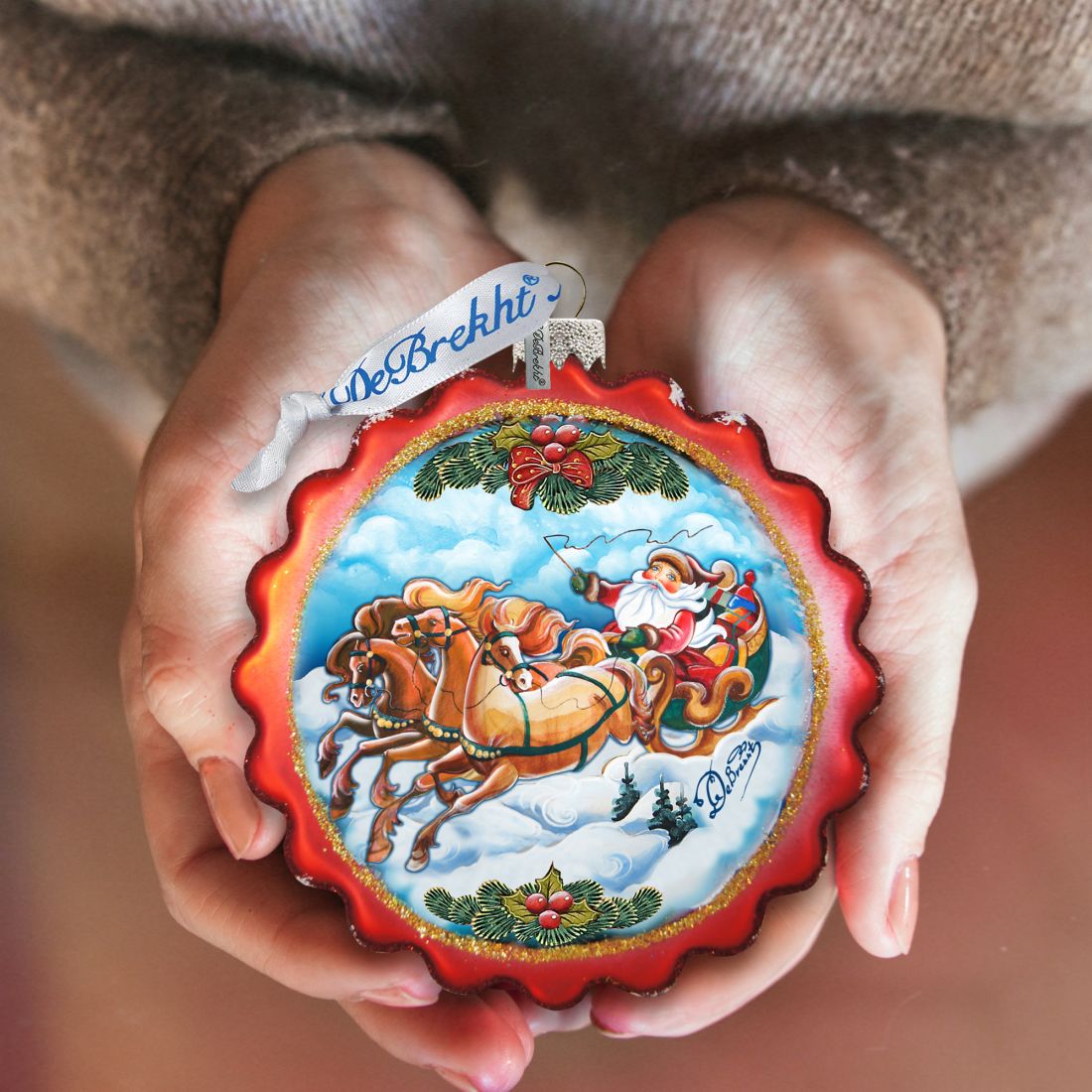Sleigh Ride Flower Glass Ornament by G. DeBrekht - Christmas Santa Snowman Decor - 759-003