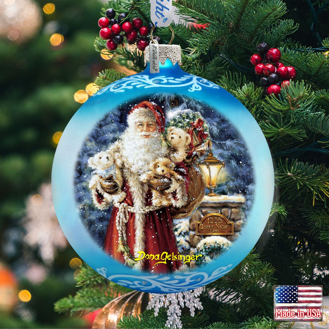 Silent Night Santa Glass Ornament by D. Gelsinger - Christmas Santa Snowman Decor - 71111-1315