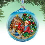 Nativity by the Christmas Tree Lg Glass Ornament in Blue by G.Debrekht - Christmas Decor - 73930B