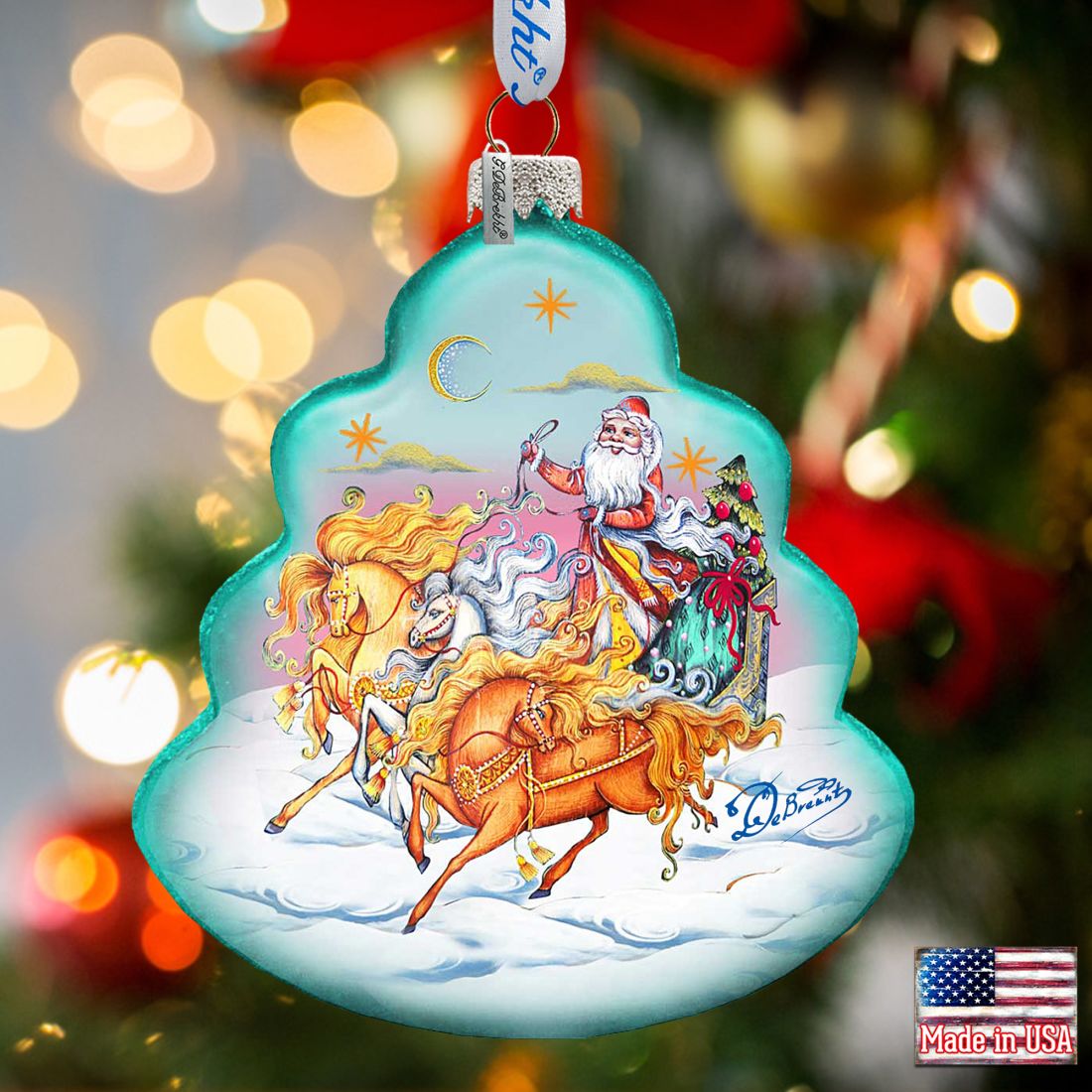 Sleigh Ride Tree Glass Ornament by G. DeBrekht - Christmas Santa Snowman Decor - 762-018