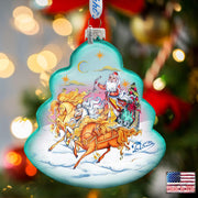 Sleigh Ride Tree Glass Ornament by G. DeBrekht - Christmas Santa Snowman Decor - 762-018