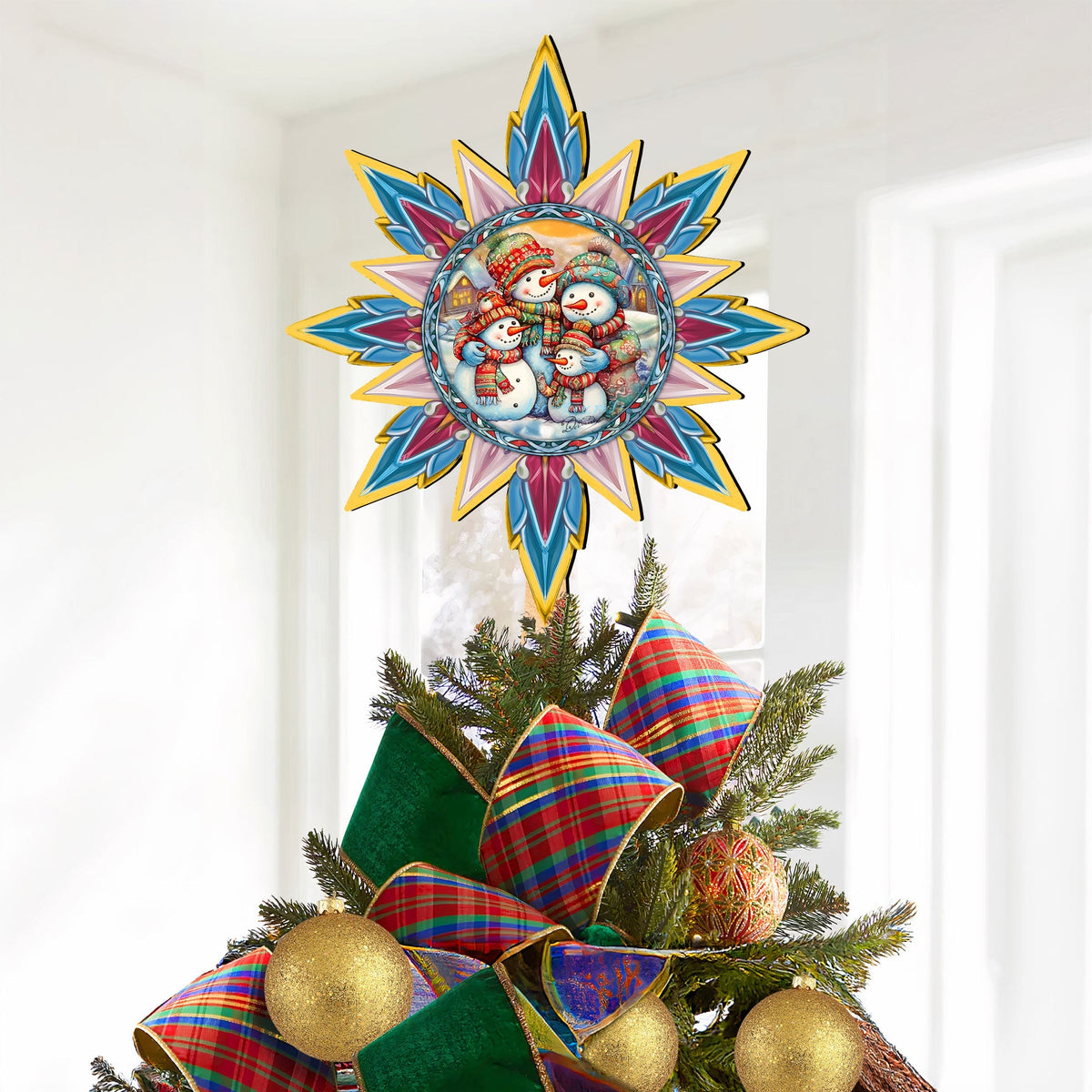 Snowman Family Star Tree Topper Wooden Decor