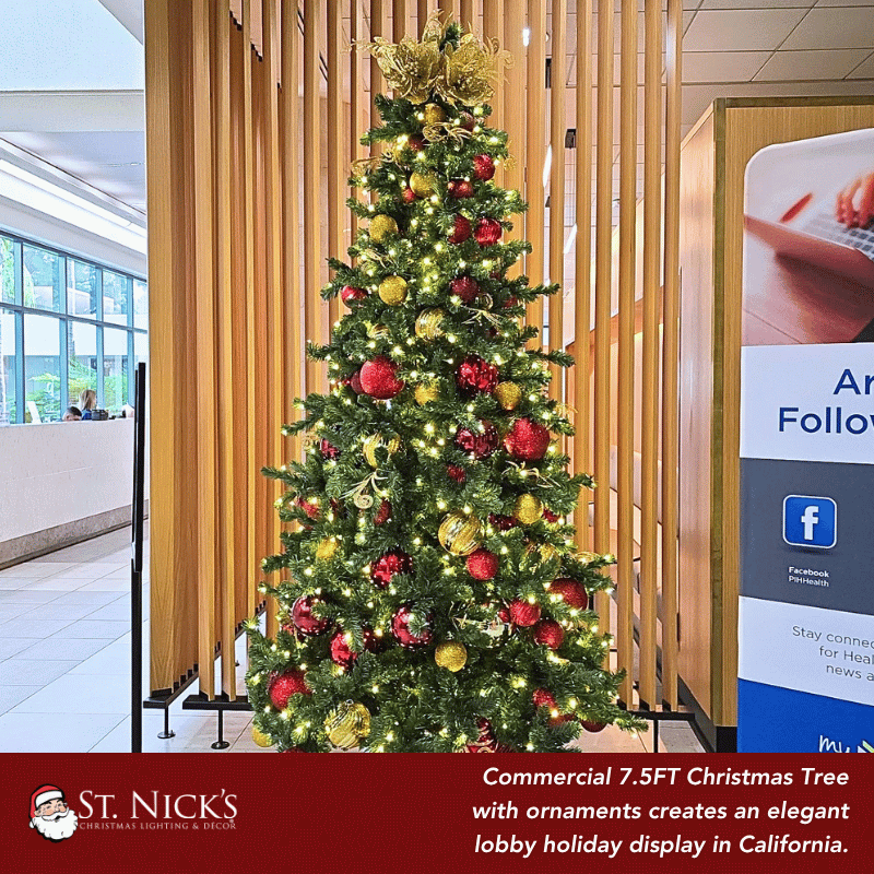 7.5FT Pre-Decorated Commercial PVC Christmas Tree with Red, Burgundy & Gold Ornaments