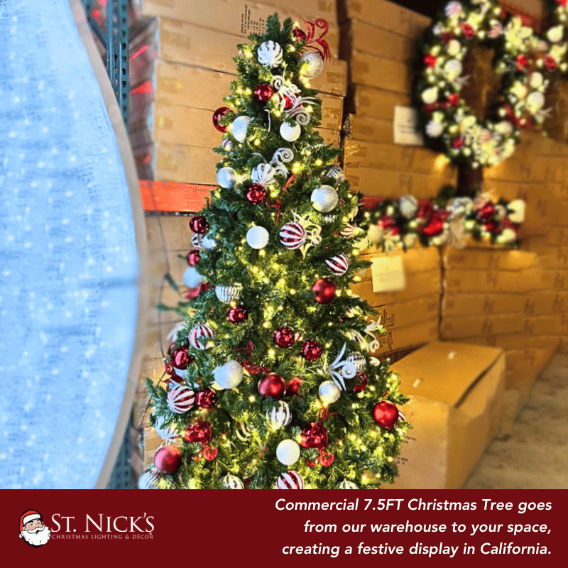 7.5 ft Pre-Decorated Commercial PVC Christmas Tree with Red, White & Silver Ornaments
