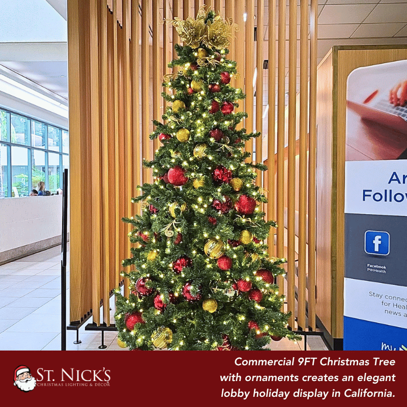 9FT Pre-Decorated Commercial PVC Christmas Tree with Red, Burgundy & Gold Ornaments – Warm White Lights