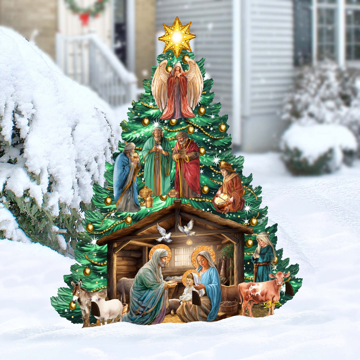 Nativity-Themed Christmas Tree Outdoor Indoor Decor Wooden Christmas Decoration