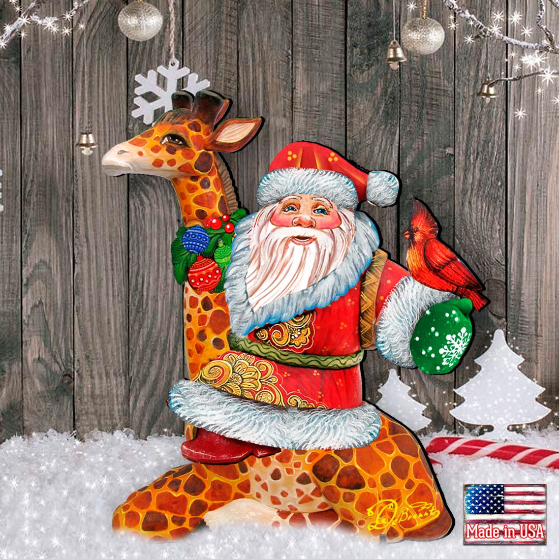 Santa On Giraffe Outdoor Scene by G. DeBrekht - Christmas Santa Snowman Décor - 8111360F