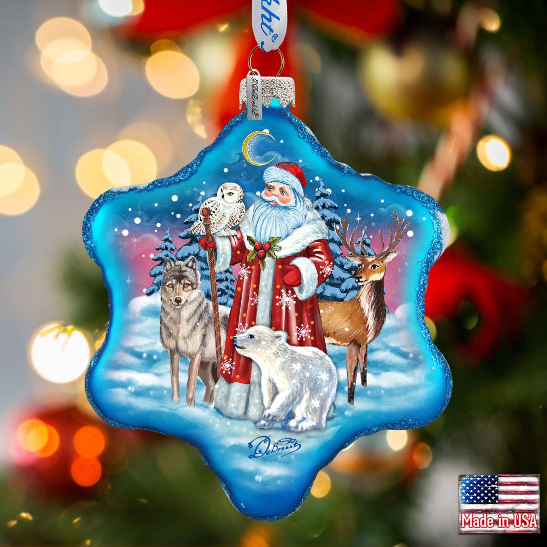 Santa Polar Story Snowflake Glass Ornament by G. DeBrekht - Christmas Santa Snowman Decor - 754-011