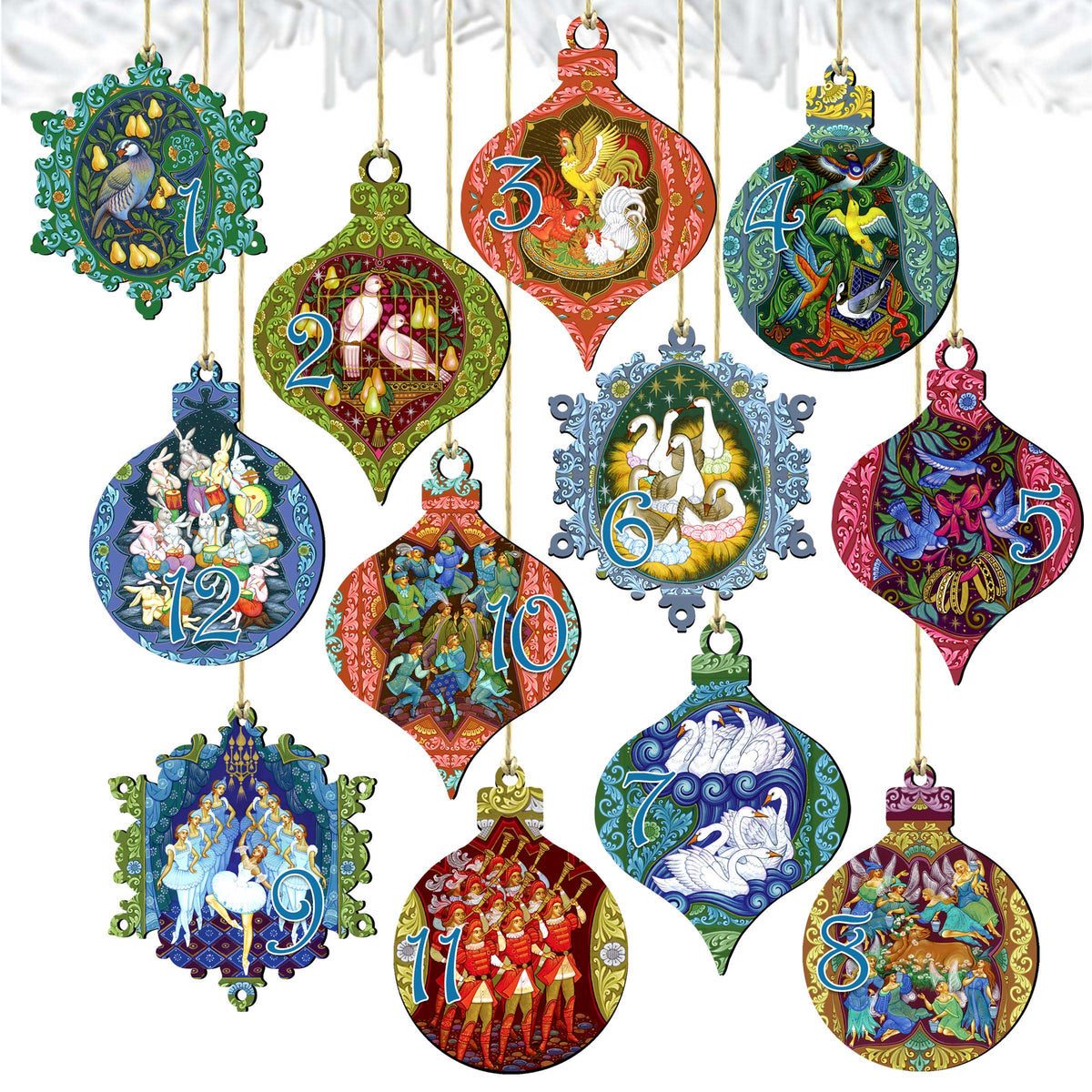 12 Days of Christmas Wooden Ornament Set of 12 by G. Debrekht - Christmas Decor