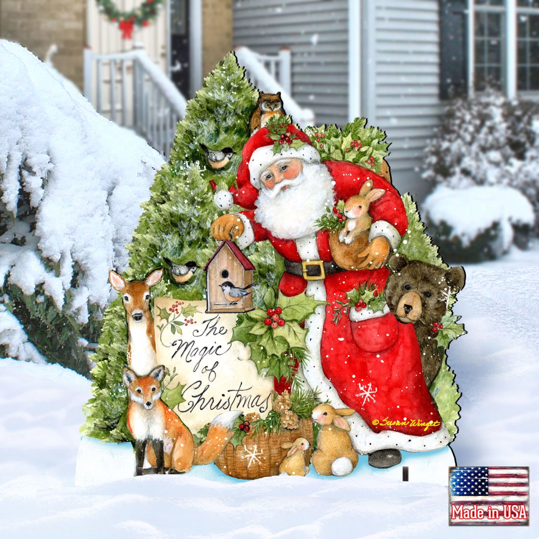 Woodland Santa Playing Christmas Outdoor Dcor by Susan Winget - Christmas Santa Snowman Dcor - 8471103F-SW