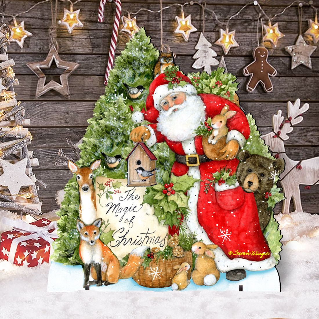 Woodland Santa Playing Christmas Outdoor Dcor by Susan Winget - Christmas Santa Snowman Dcor - 8471103F-SW
