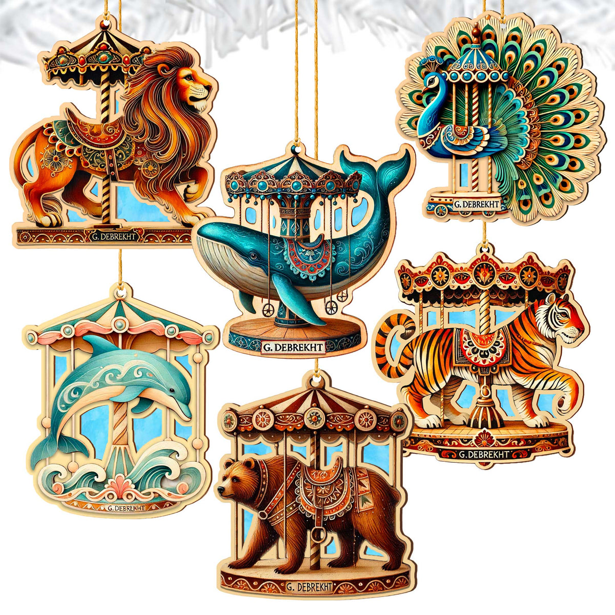 Carousel Animals Christmas Ornaments Set of 12