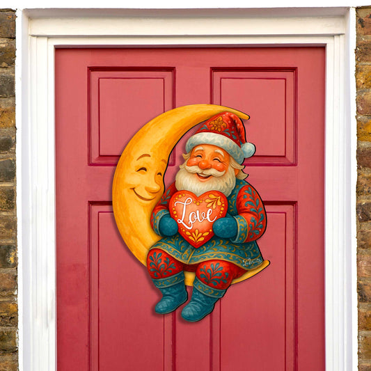 Santa on the Moon Love Christmas Door Hanger