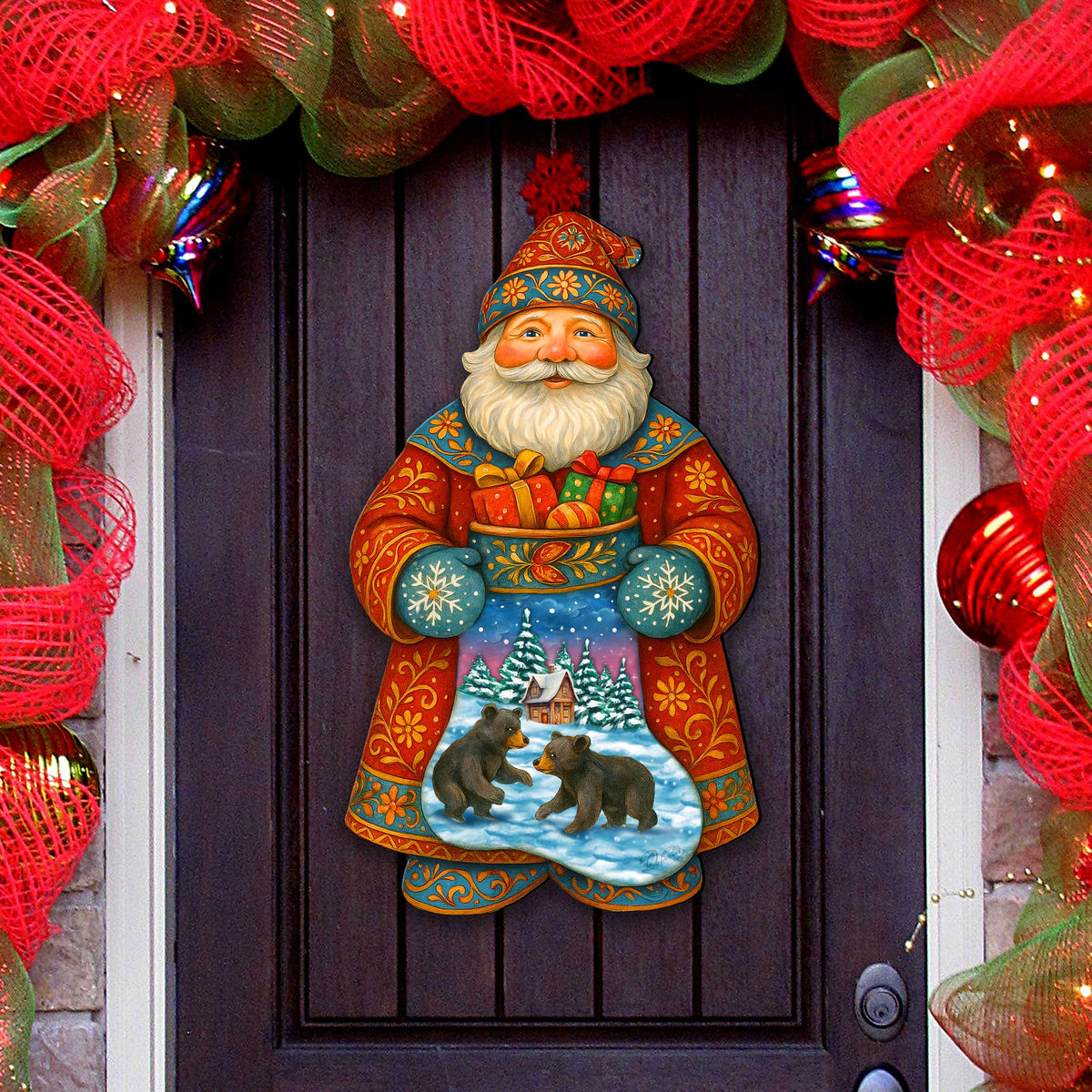 Handcrafted Wooden Santa Door Hanger with Gifts & Bears – Rustic Christmas Holiday Decoration for Front Door by G. DeBrekht - Christmas Santa Snowman Décor – 8652845H