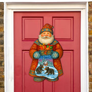 Handcrafted Wooden Santa Door Hanger with Gifts & Bears – Rustic Christmas Holiday Decoration for Front Door by G. DeBrekht - Christmas Santa Snowman Décor – 8652845H
