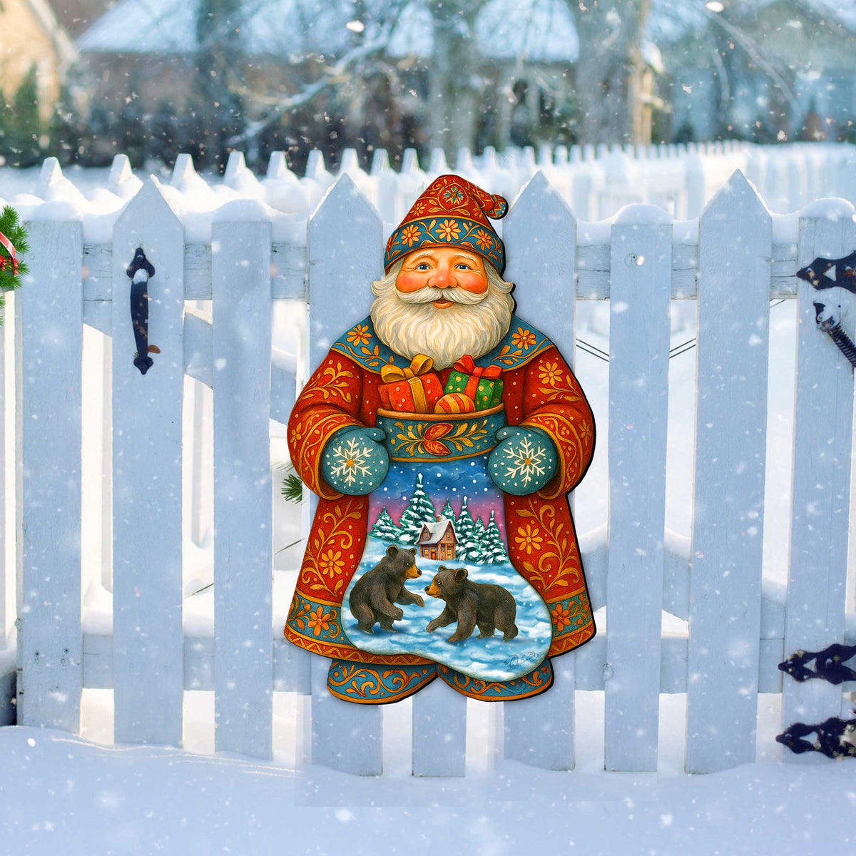 Handcrafted Wooden Santa Door Hanger with Gifts & Bears – Rustic Christmas Holiday Decoration for Front Door by G. DeBrekht - Christmas Santa Snowman Décor – 8652845H
