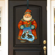 Handcrafted Wooden Santa Door Hanger with Gifts & Bears – Rustic Christmas Holiday Decoration for Front Door by G. DeBrekht - Christmas Santa Snowman Décor – 8652845H