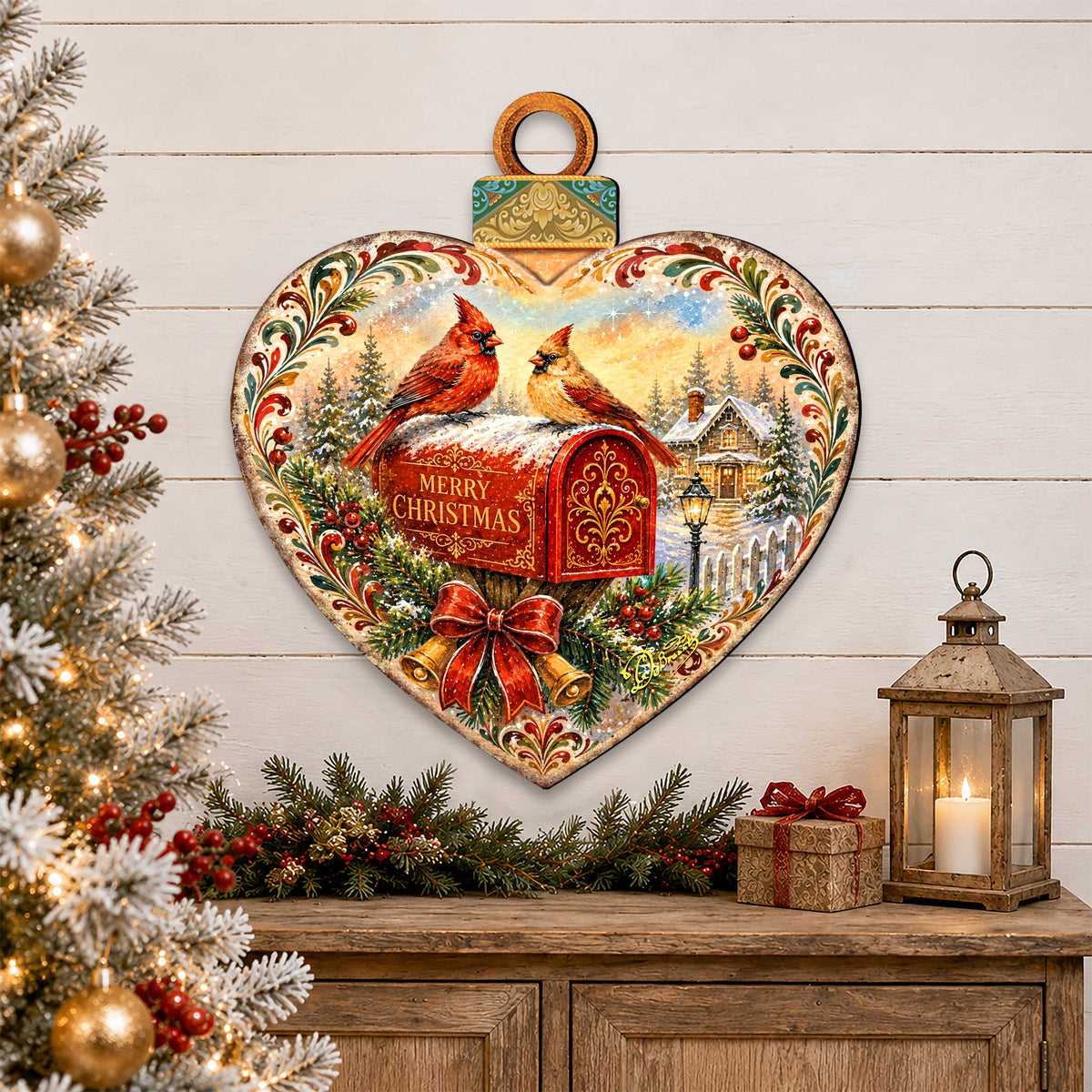 Merry Christmas Cardinals Heart Wooden Door Hanger