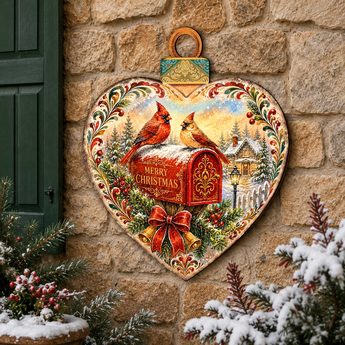 Merry Christmas Cardinals Heart Wooden Door Hanger