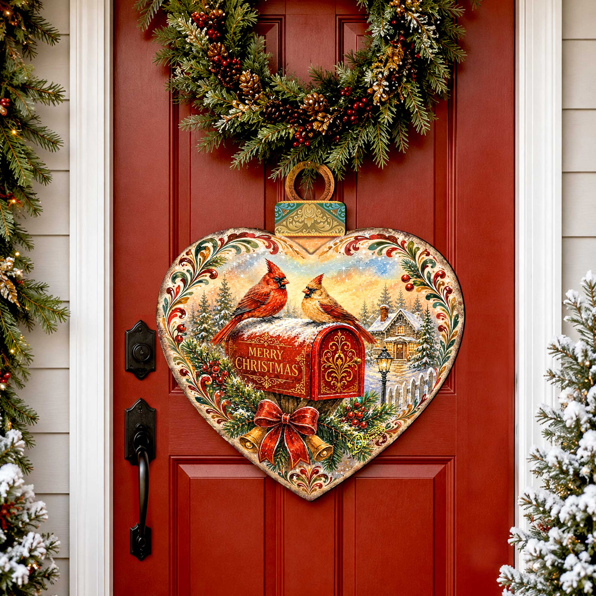 Merry Christmas Cardinals Heart Wooden Door Hanger