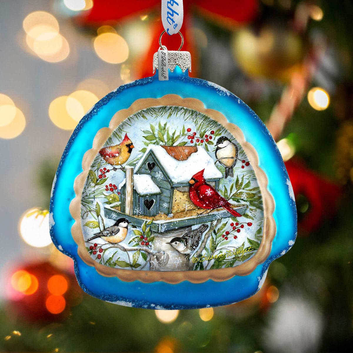 Winter Cardinals Glass Birdhouse Christmas Ornament