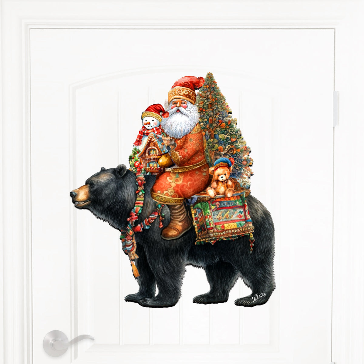 Santa Claus and Black Bear Friend Holiday Door Decor by G. Debrekht - Christmas Santa Snowman Decor - 8611064H