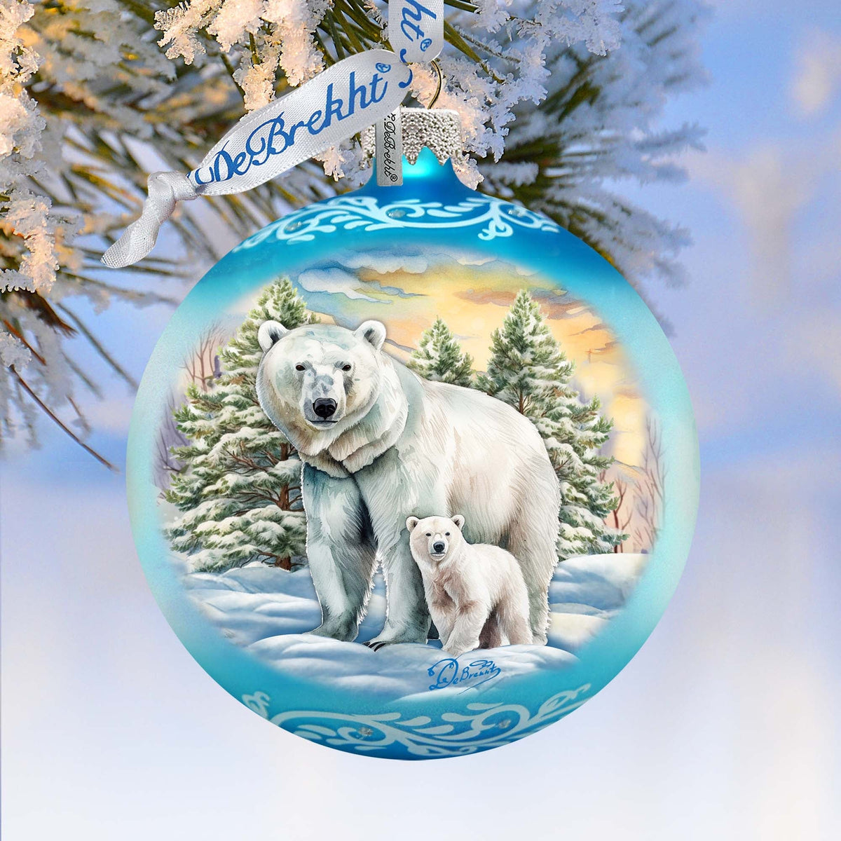 Polar Bear with Cub Ball Glass Ornament by G. Debrekht - Wildlife Holiday Decor - 73386