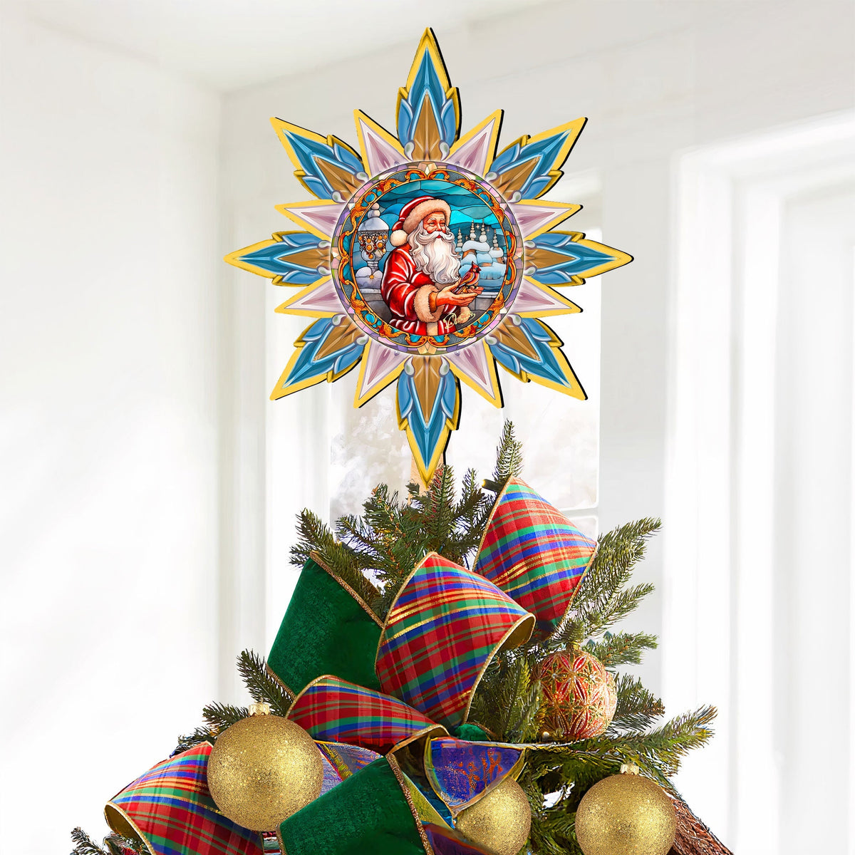 Santa with Cardinal Star Tree Topper Wooden Decor by G. Debrekht - Santa Snowman Decor - 89507
