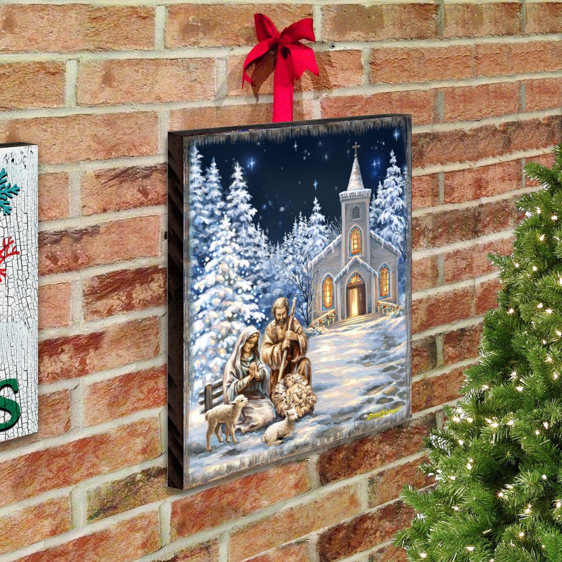 Nativity at the Chapel Night Sky Wooden Wall Art by D. Gelsinger - Nativity Holiday Decor - 95672B-DG