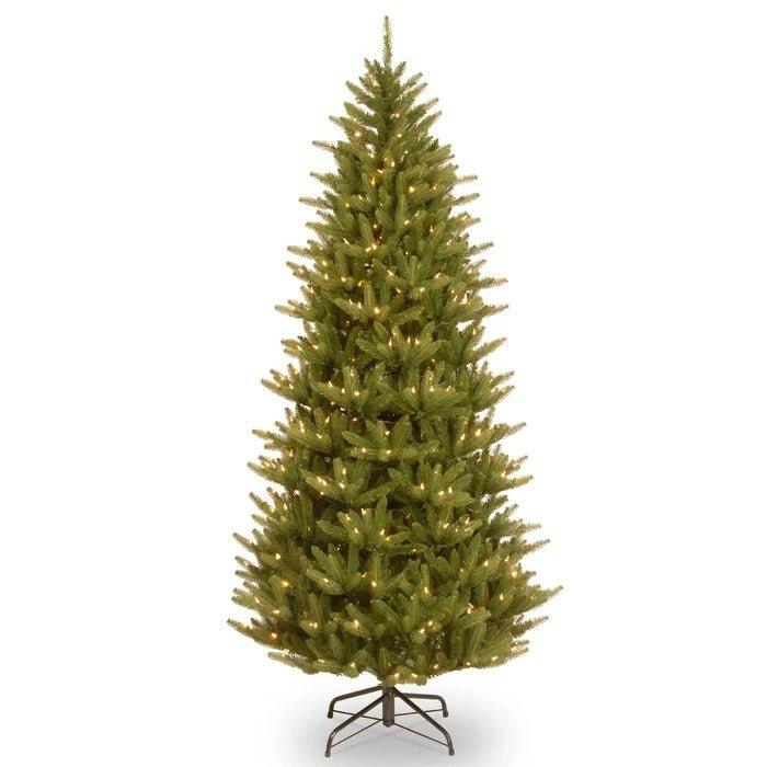 7.5' Lighted Artificial Fir Christmas Tree – 750 Clear Lights, Slim Profile, Realistic Branches - Christmas Trees USA