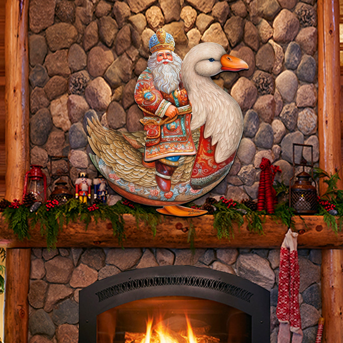 Charming Santa Riding Goose Holiday Door Decor by G. Debrekht - Christmas Santa Snowman Decor - 8611063H