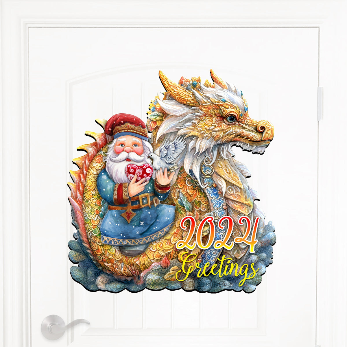 2024 Dated Santa with Dragon Holiday Door Decor by G. Debrekht - Christmas Santa Snowman Decor - 8611088H