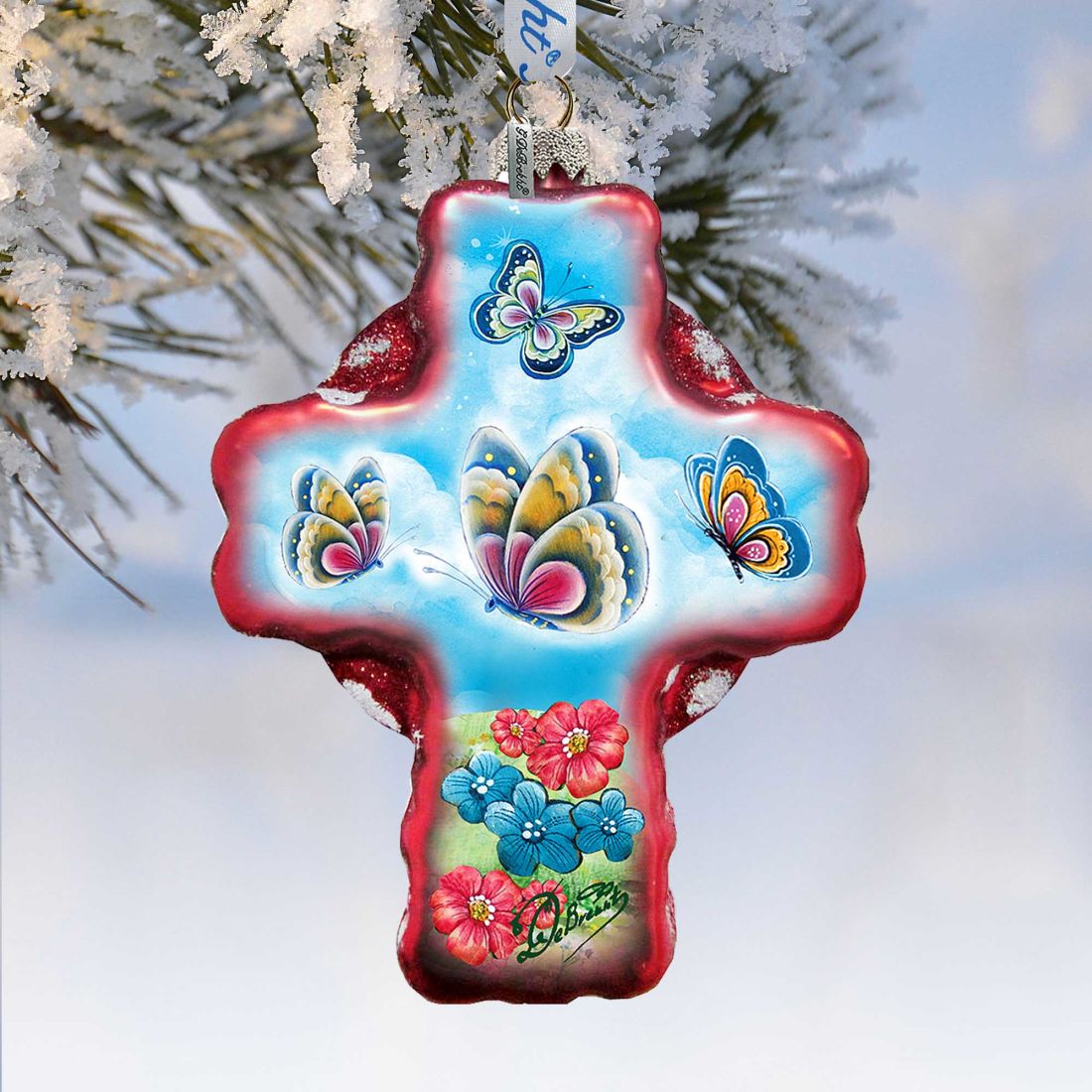 Butterflies Cross Red Glass Ornament by G. DeBrekht - Nativity Holiday Decor - 758-001R